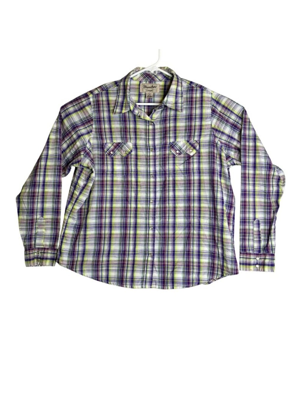 Wrangler Womens XXL Plaid LS Snap-Front Western Shirt Purple Green Yellow